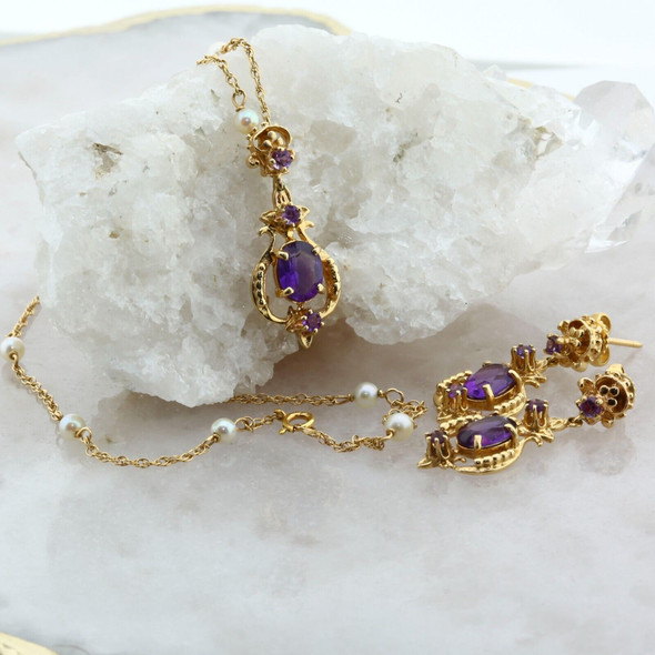 14K Yellow Gold Amethyst & Pearl Earring and Necklace Set Circa 1950