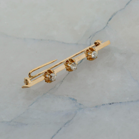 14K Rose Gold Diamond Bar Pin, 3 round old mine cut diamonds app. 1 ct tw