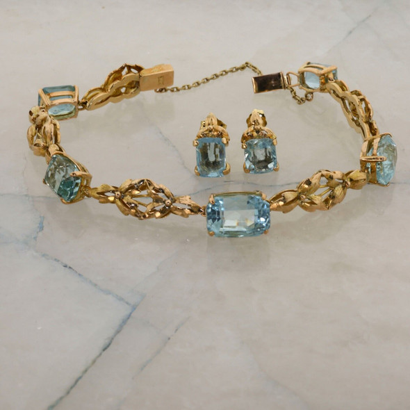 14K Yellow Gold 10 ct tw est. Aquamarine Bracelet and Earrings Set Circa 1950