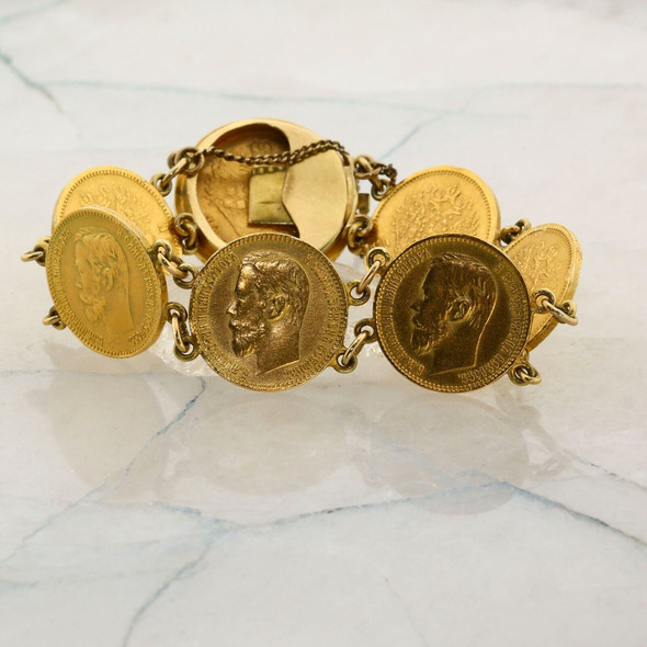Russian Gold 1890-1900 Coin Bracelet, 5 rouble coins with a 10 rouble coin