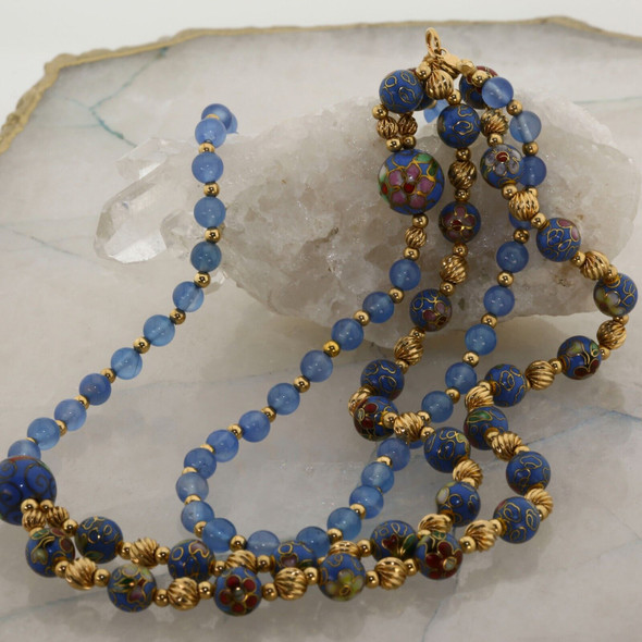 Blue Chalcedony and Cloisonne Necklace with 14K Yellow Gold Bead Accents