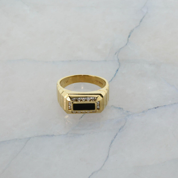 Art Deco 14K Men's Yellow Gold Black Onyx and Diamond Ring Size 10