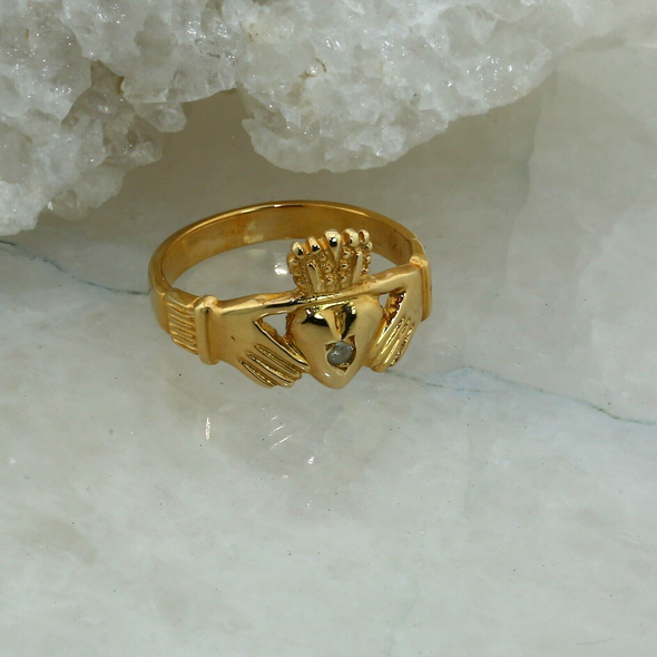 14K Yellow Gold Claddagh with Diamond Ring, size 10