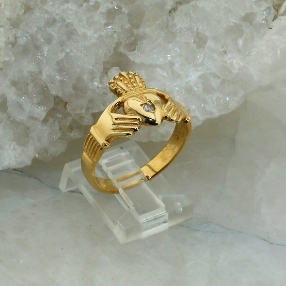 14K Yellow Gold Claddagh with Diamond Ring, size 10