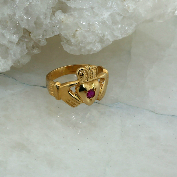 14K Yellow Gold Claddagh Ring with Red Center Stone size 6.5