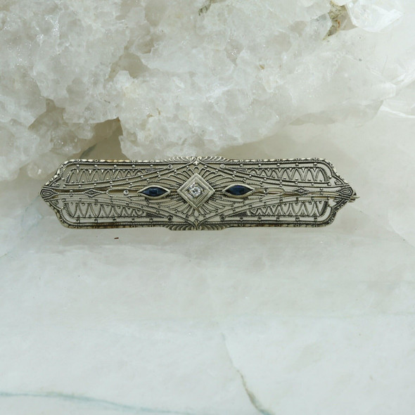 Vintage 10K White Gold Sapphire and Diamond Pin, circa 1940s