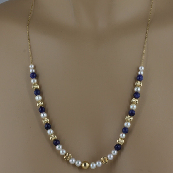 14K Yellow Gold Pearl and Lapis Bead Necklace, Circa 1960