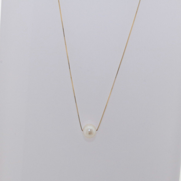 14K Yellow Gold Pearl Necklace 9 -10 mm White w/ Pink Hue, 18 inch Box Chain