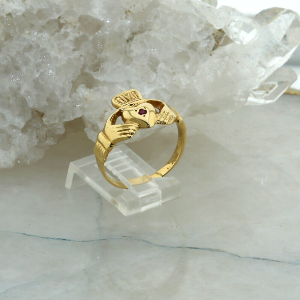 14K Yellow Gold Claddagh Ring with Ruby