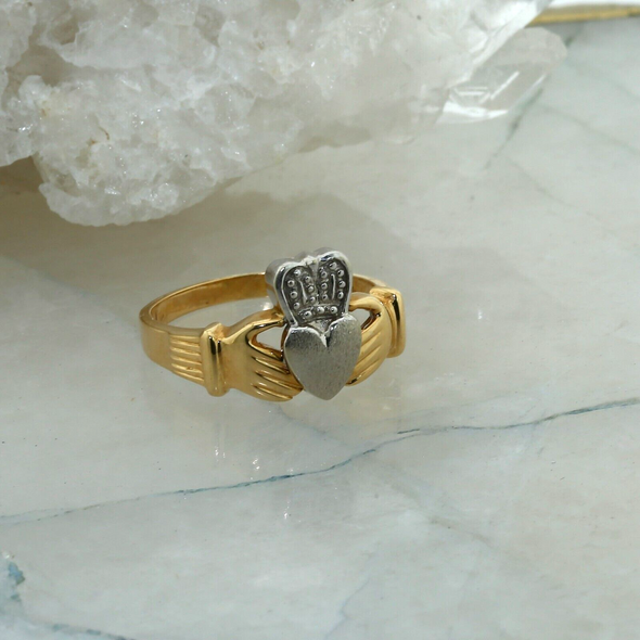 14K Yellow Gold and Brushed White Gold Claddagh Ring, size 11.5