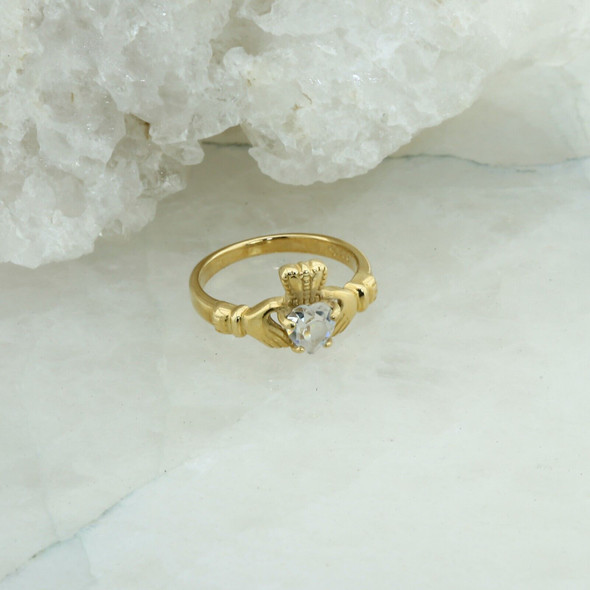 10K Yellow Gold Claddagh Ring with Clear White Stone, size 5