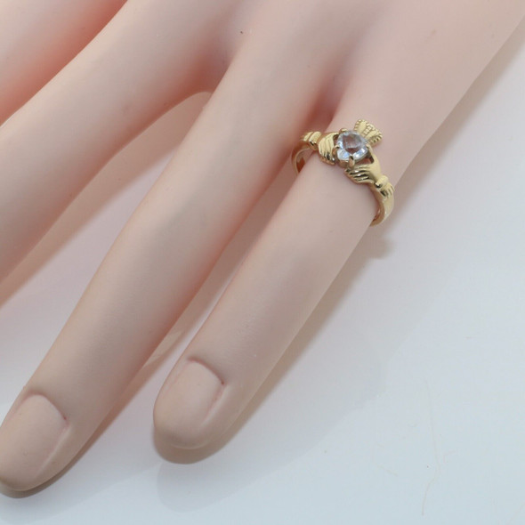 10K Yellow Gold Claddagh Ring with Clear White Stone, size 5