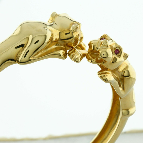 14K Yellow Gold Panther Hinged Bangle Bracelet with Ruby Eyes Circa 1980