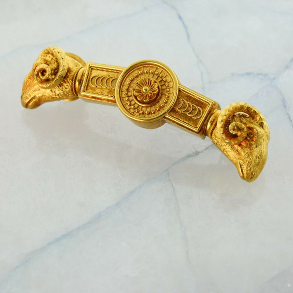 Fabulous Antique 18K Yellow Gold Etruscan Revival Rams Head Pin Circa 1880