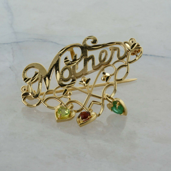 14K Yellow Gold Mother Pin Pendant with Emerald Garnet and Peridot Circa 1970