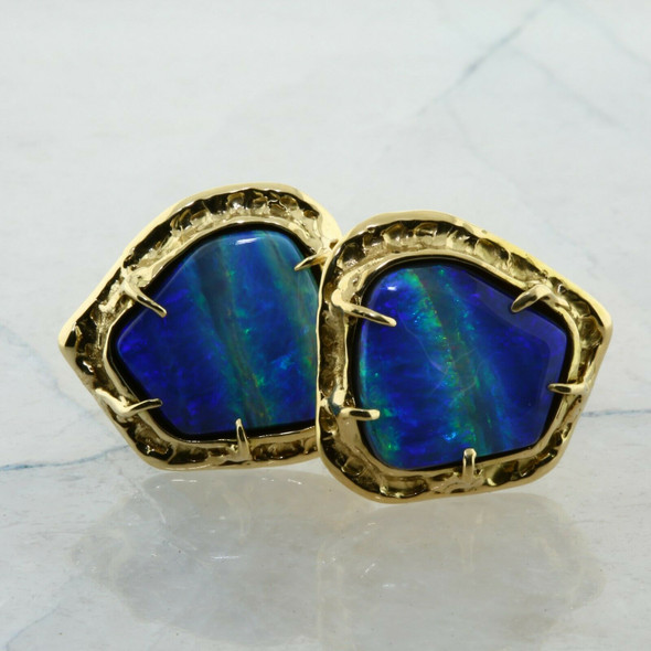 14K Yellow Gold Brutalist Black Opal Cufflinks 14K Lever Backs Circa 1970