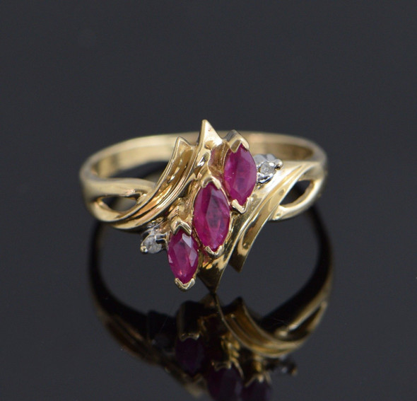 10K Yellow Gold Ruby and Diamond Accent Ring Circa 1970, Size 7.5