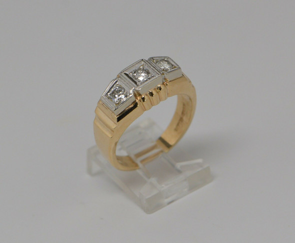 14K Yellow Gold Three Stone Diamond Ring Circa 1940, Size 9