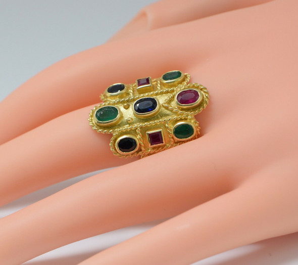 18K Yellow Gold Neo-Roman Emerald, Ruby & Sapphire Ring, Size 9