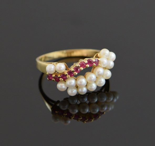 14K Yellow Gold Pearl and Ruby Ring Circa 1960, Size 8