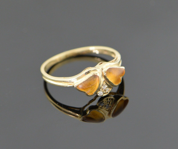 14K Yellow Gold Citrine and Diamond Ring with Carved Hearts Circa 1970, Size 6