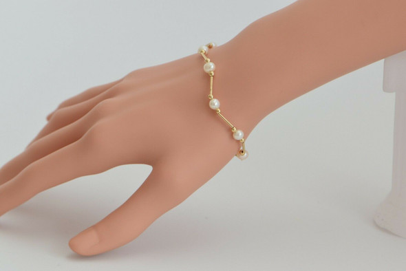 14k Yellow Gold Pearl Bracelet with Gold Tubes, Beads and Pearls