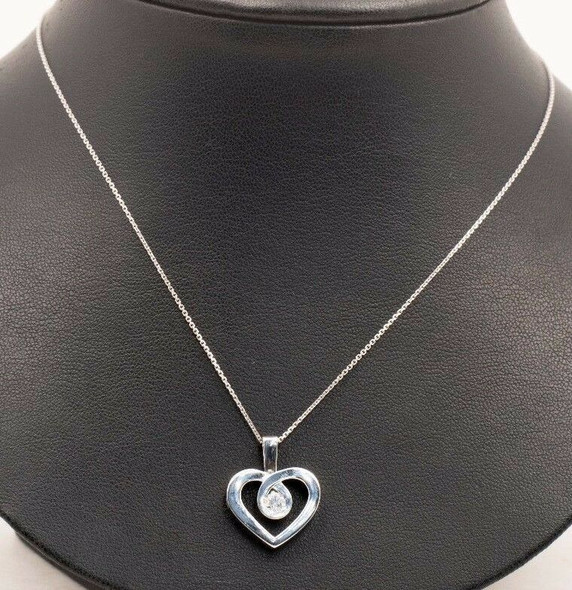 14K White Gold Necklace with Heart Shaped Diamond Center Pendant, 16" Long