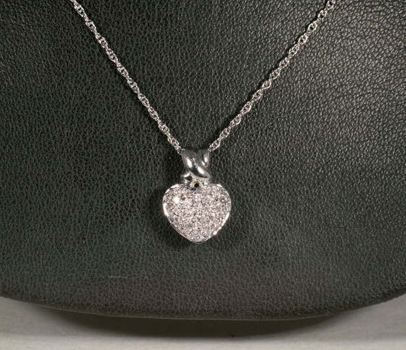 14K White Gold Necklace With Pave set Diamond Chip Heart Pendant, 18" long