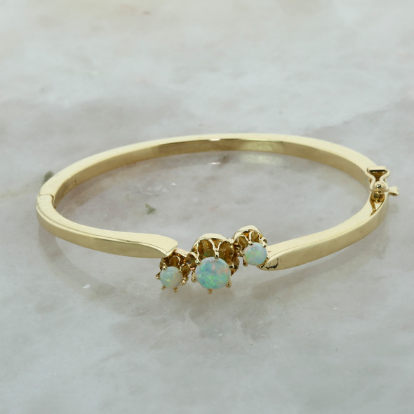 14k Yellow Gold Hinged Bangle Bracelet with Opals, Circa 1950