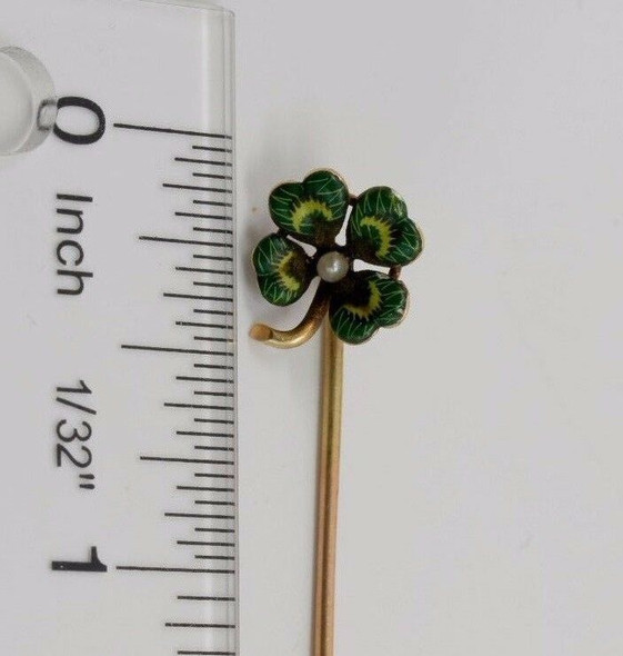 14k Yellow Gold 4 Leaf Clover Stick Pin with a Pearl