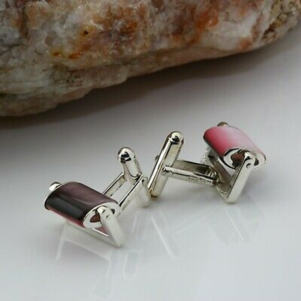 BW Sterling Silver England Lever Swivel Pink Stone Cufflinks Circa 1970