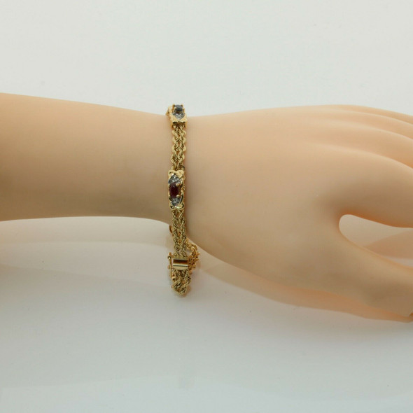 14K Yellow Gold Sapphire, Ruby, Emerald and Diamond Bracelet 7 inch Circa 1960