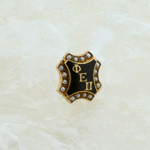 10K Yellow Gold Phi Epsilon Pi Pin with Black Enamel and Seed Pearl Circa 1930