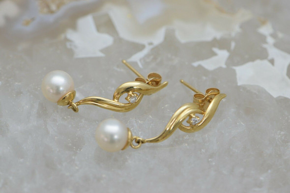 14K Yellow Gold Pearl and Diamond Post Earrings, Wisp of Gold Centers