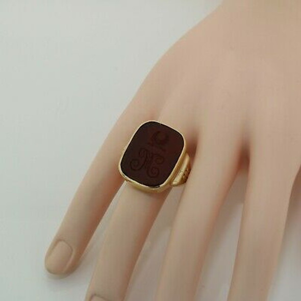 9K Yellow Gold Carnelian Seal Ring M Crescent Intaglio Size 6.5 Circa 1900