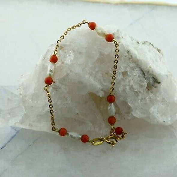 18K Yellow Gold Red Coral and Rice Freshwater Pearl Bracelet 7 inches