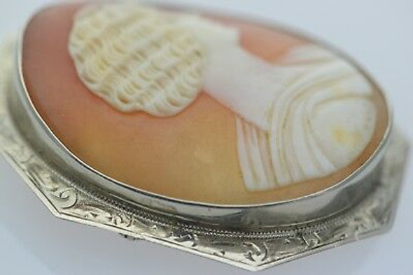 Vintage 10K White Gold Large Cameo Brooch, Circa 1930