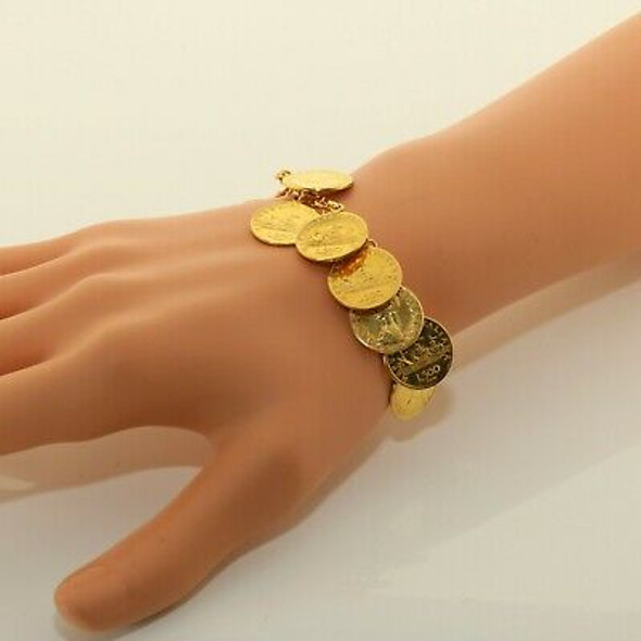 6" Vermeil Coin Bracelet, miniature copies of 500 Lire coins Circa 1970