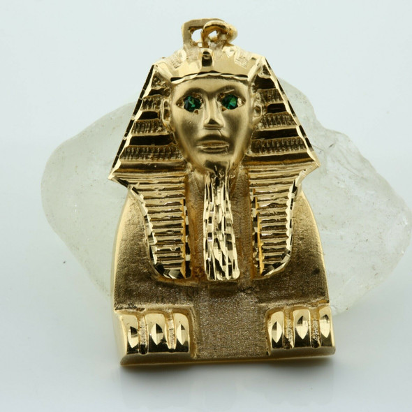 14K Yellow Gold Sphinx Pendant Faceted Tsavorite Eyes Green Garnets Circa 1990