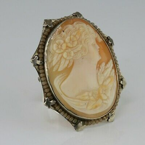 Antique 14K White Gold Shell Cameo Pin Circa 1920