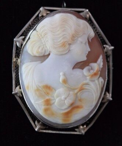 14K Yellow Gold Filigree Large Cameo Brooch/Pendant