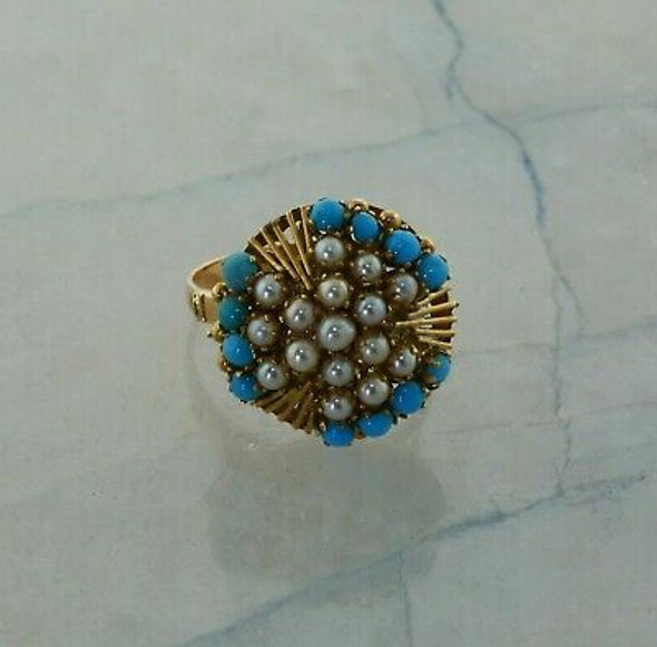 Vintage 14K Rose Gold Turquoise and Pearl Dome Ring Size 8.5 Circa 1960