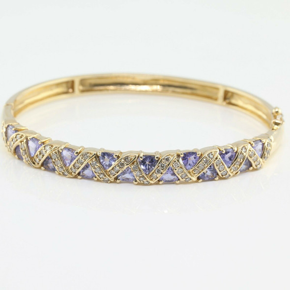 14K YG 5 ct tw Tanzanite and Diamond Hinged Bangle Fine Quality Circa 1990