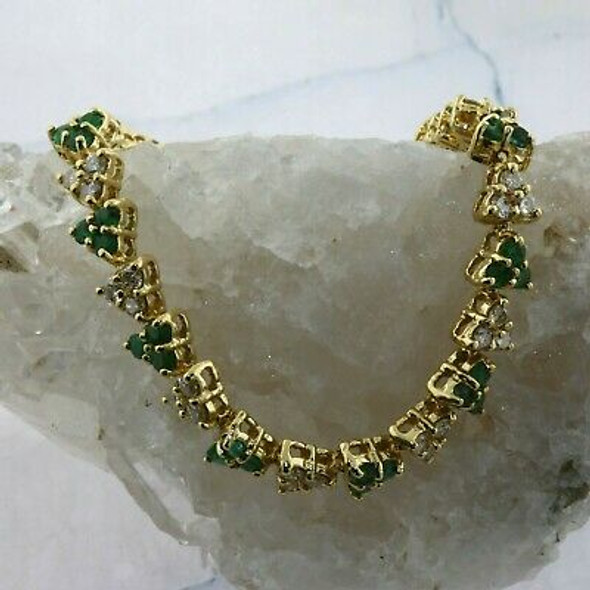 14K Yellow Gold 5 ct tw Emerald and Diamond Bracelet 7 Inch Long