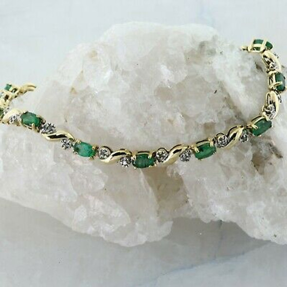 14K Yellow Gold 3 ct + tw Diamond and Emerald Line Bracelet Circa 1980