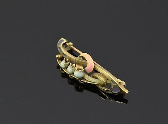 14K Yellow Gold Art Nouveau Enamelled Lily of the Valley Pin/Brooch, Circa 1900