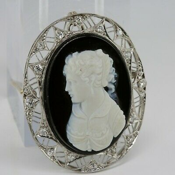 Antique Edwardian Platinum Hardstone Cameo Diamond Set Pin Pendant Circa 1900