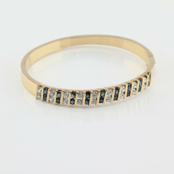 14K Yellow Gold Blue & White Sapphire Hinged Bangle Fine Quality Circa 1980