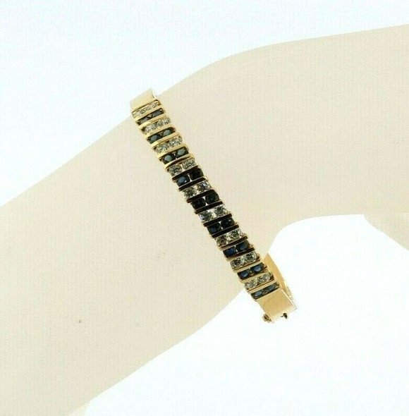 14K Yellow Gold Blue & White Sapphire Hinged Bangle Fine Quality Circa 1980