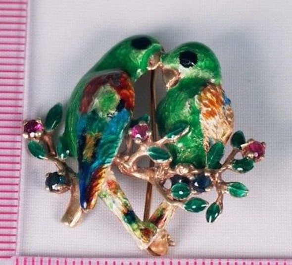 14K Yellow Gold Green Enamled "Love Birds" Brooch/Pin with Ruby & Sapphire
